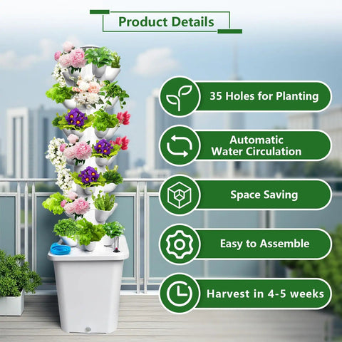 Dope Six Tier Vertical Hydroponics Tower With 30 Plant Pods on a balcony showing 35 holes, automatic watering, space saving design
