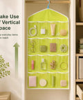 Smooth Over Door Shoe Hanging Storage Bag With Sixteen Clear Pockets For Fast Closet Setup And Hassle Free Dorm Room Essentials Total Game Changer Flex in bright green, organizing various everyday items.