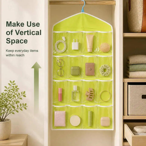 Smooth Over Door Shoe Hanging Storage Bag With Sixteen Clear Pockets For Fast Closet Setup And Hassle Free Dorm Room Essentials Total Game Changer Flex in bright green, organizing various everyday items.