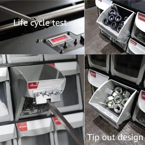 Super Easy Tilt Out Storage Cabinet With Six Smooth Glide Drawer Bins For Small Parts Sorting Stackable Plastic Craft Organizer Box With Quick Connect Modular Rack System Black showing life cycle test and tip out design.