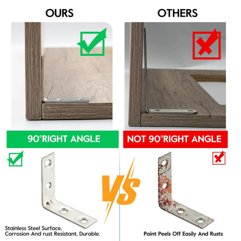 Comparison of our 40 Piece Stainless Steel L Bracket Corner Brace Set with screws against others, highlighting right angles and durability.