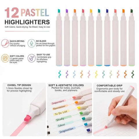 12 pastel highlighters from All In One College Stationery Gear With Large Pencil Case, Black Gel Pens, Bold Highlighters, Mechanical Pencils, Lead Refills, Erasers, Sticky Notes, Index Tabs, Sharpener, And Must Have Office And Back To School Supplies