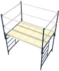 Heavy Duty Scaffold Guardrail System 5 Feet Wide 7 Feet Deep Built Like A Tank Jobsite Fall Protection Kit with steel rails and a wooden platform.