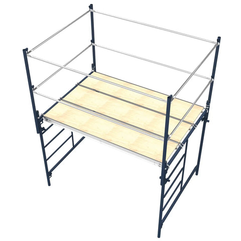 Heavy Duty Scaffold Guardrail System 5 Feet Wide 7 Feet Deep Built Like A Tank Jobsite Fall Protection Kit with steel rails and a wooden platform.