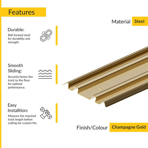 By Pass Mirror Door Bottom Track 72 Inch Length Champagne Gold Finish Double Grooved Rail For Butter Smooth Sliding