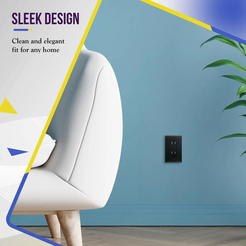 Decorator Light Switch Or Receptacle Wall Plate Gloss Finish Black 1-Gang 4.50 By 2.76 Inches Polycarbonate Thermoplastic Tough As Nails Durable Heavy Duty Impact Resistant Heat And Fade Resistant 8831-BK installed on a wall next to a white chair and plant, demonstrating its sleek design.