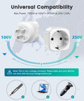 Dual view of Europe to US Plug Adapter for Travel No Fuss EU to US Converter shown with voltage compatibility chart.