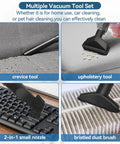 14 Piece Vacuum Attachment Kit For Shop Vac With 2.5 To 1.25 Inch And 1.875 To 1 Inch Adapters shown with various cleaning tools