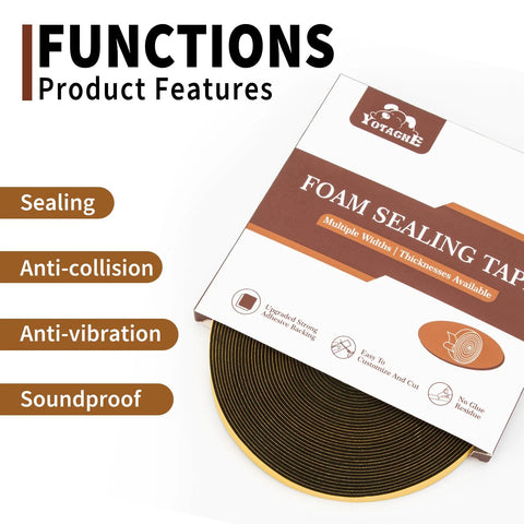 Yotache foam sealing tape roll for weather sealing, 1/2 in wide x 1/16 in thick, 33 ft, black foam with adhesive