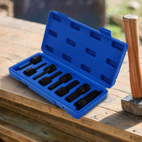 Premium 1/2 In Drive Impact Socket Set Kit With Thin Wall Hex Bit Design For Removing Wheel Lock Lug Nuts And Axle Screws Durable Industrial Grade Hand Tool Gear That Gets The Job Done Right Every Time, blue case with black sockets