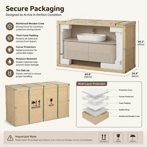 Secure packaging for 42 Inch Freestanding Single Sink Bathroom Vanity With Defogging LED Mirror Cabinet, moisture-resistant design.