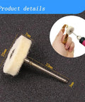 Close-up of single polishing wheel with dimensions from 20 Pack Pro Grade Compressed Wool Felt Polishing Wheels With One Eighth Inch Mandrel For Rotary Tools Buffing Wheel Set For Metal Wood Plastic Polishing