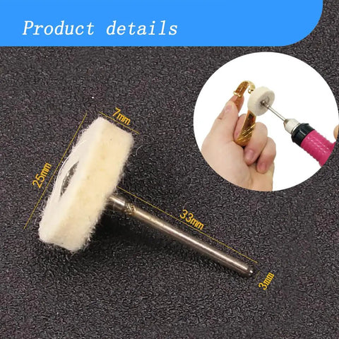 Close-up of single polishing wheel with dimensions from 20 Pack Pro Grade Compressed Wool Felt Polishing Wheels With One Eighth Inch Mandrel For Rotary Tools Buffing Wheel Set For Metal Wood Plastic Polishing