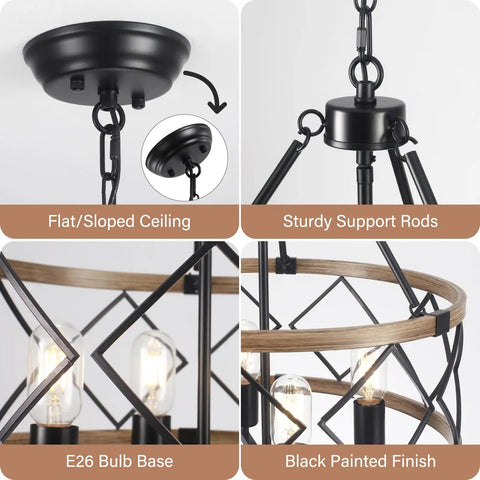 Detailed view of Black Farmhouse Chandeliers For Dining Room Light Fixture With Six Candle Style Heads showing ceiling mount and E26 bulb base.