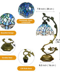 Sea Blue Dragonfly Handmade Stained Glass Desk Lamp With Metal Leaf Base Vintage Curved Reading Light For Bedside Living Room Or Office LED Bulb Included Easy Assembly Soft Warm Glow, dimensions and close-up details visible