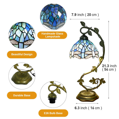 Sea Blue Dragonfly Handmade Stained Glass Desk Lamp With Metal Leaf Base Vintage Curved Reading Light For Bedside Living Room Or Office LED Bulb Included Easy Assembly Soft Warm Glow, dimensions and close-up details visible
