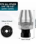 Tough As Nails Damaged Bolt And Stud Extractor For One Quarter To One Half Inch Studs Three Eighths Drive Stud Remover, chrome-plated steel, side and bottom view showing dimensions of 7.4cm height and 4cm width.