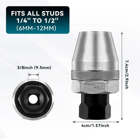 Tough As Nails Damaged Bolt And Stud Extractor For One Quarter To One Half Inch Studs Three Eighths Drive Stud Remover, chrome-plated steel, side and bottom view showing dimensions of 7.4cm height and 4cm width.