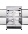 Top Shelf Heavy Duty Commercial Upright Freezer With Four Solid Doors And Slick Stainless Steel Construction 44.5 Cu Ft front view with doors open.