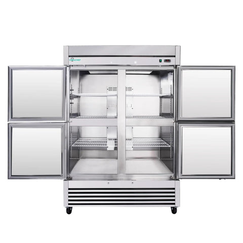 Top Shelf Heavy Duty Commercial Upright Freezer With Four Solid Doors And Slick Stainless Steel Construction 44.5 Cu Ft front view with doors open.