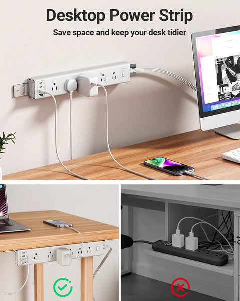 360 Degree Mountable Surge Protector Power Strip With Six Foot Cord Six Electrical Outlets And Four USB Ports Two USB C And Two USB A Flat Plug Extension For Under Desk Wall Or Corner Mount White Finish mounted on wall beside desk