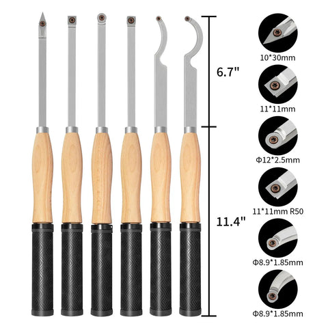 Full Size Indexable Carbide Tipped Wood Lathe Turning Tools Set With Rubber Handle, 6 In 1 Kit displayed with size dimensions