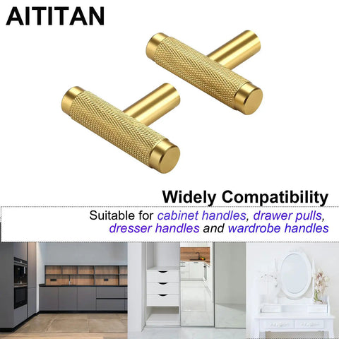 Brass knurled cabinet pulls suitable for cabinets, drawers, dressers, and wardrobes with text about wide compatibility.
