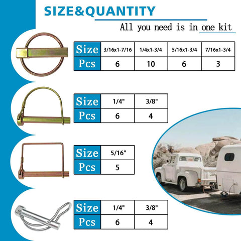 Massive 202 Piece Hitch Pin Kit For Trailers Tractors Trucks And Mowers With Beefy Lynch Pins PTO Pins Clip Pins And Cotter Pins In Zinc Plated Steel For Farm Equipment Snow Plows Lawnmowers And Garage visible with size chart and trailer image.