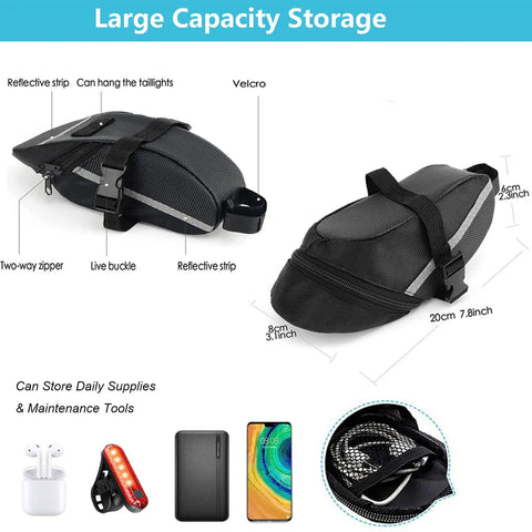 Grab And Go All In One Bike Repair Kit with Mini Pump Under Seat Bag showing dimensions and storage capacity