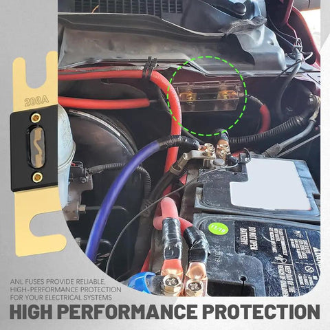 Heavy Duty 200 Amp ANL Blade Fuses With Gold Plated Contacts For Marine Car Audio Systems And Vehicle Inverters mounted in a vehicle.
