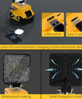 Dope 23W LED Work Light With 2100 Lumens Square Flood Beam USB and Type C Charging ports and waterproof coating