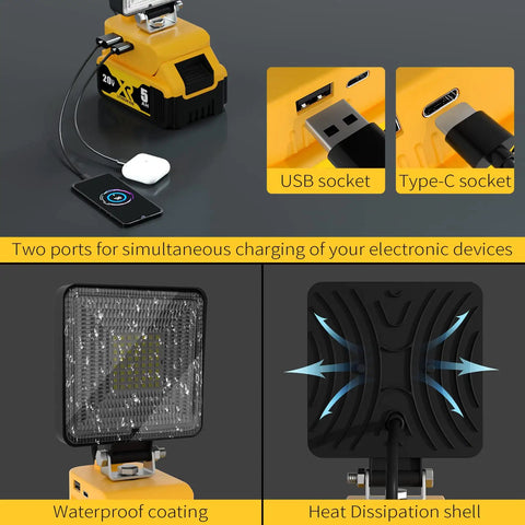 Dope 23W LED Work Light With 2100 Lumens Square Flood Beam USB and Type C Charging ports and waterproof coating