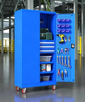 Heavy Duty Steel Tool Cabinet With Secure Lock Drawer And Multiple Shelves For Garage Workshop Organization showcasing tools and storage.