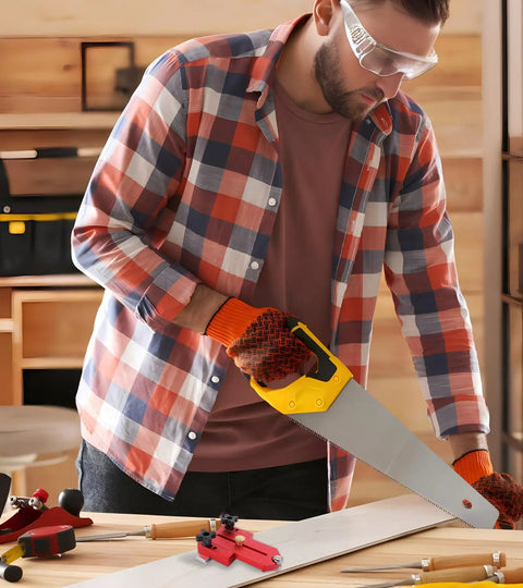 Man using hand saw in workshop wearing plaid shirt and safety goggles, with thin rip jig for table saw on workbench