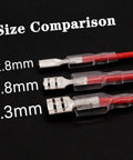 Size comparison of 2.8mm, 4.8mm, and 6.3mm female spade crimp terminals with tin plated red copper insulating sleeves