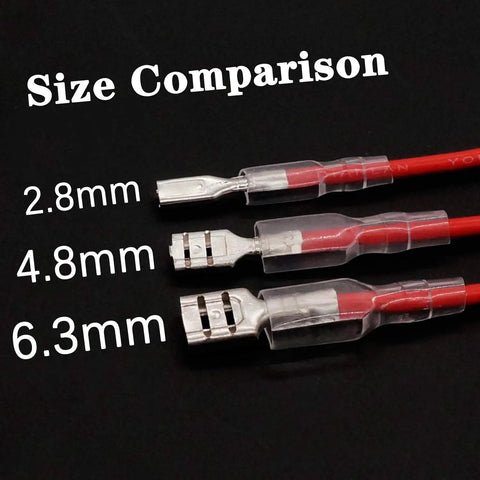 Size comparison of 2.8mm, 4.8mm, and 6.3mm female spade crimp terminals with tin plated red copper insulating sleeves
