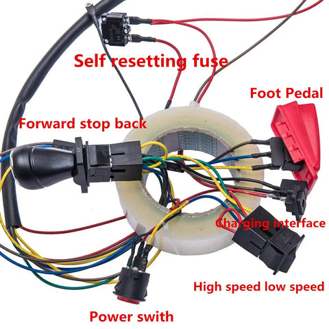 Kids Electric Car DIY Kit with wires, pedal, switches, labeled components for build your own ride-on toy car, no battery needed.