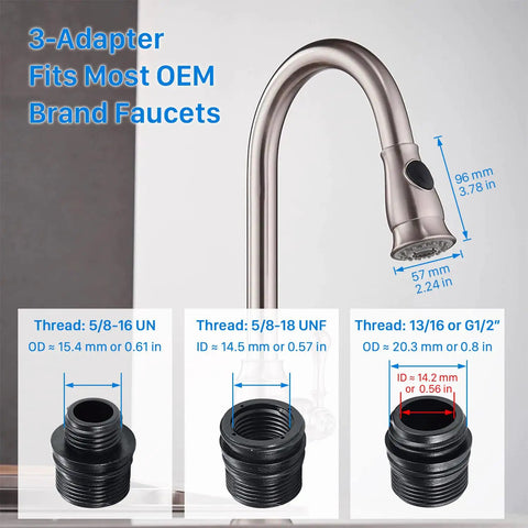Universal Kitchen Faucet Sprayer Head With 3 Adapters, Brushed Nickel Pull-Down Replacement for Most Brands, shown with dimensions and adapters