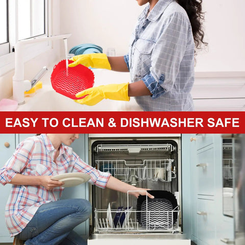 Person cleaning 2 Pack 8.5 Inch Square Air Fryer Silicone Liners Reusable Nonstick Heat Resistant Easy Clean Air Fryer Accessories