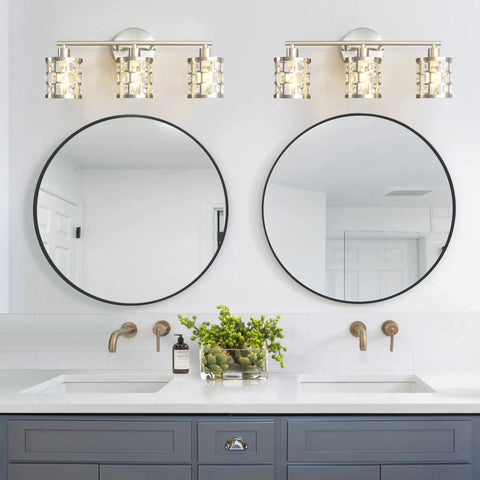 Bathroom with Three Light Brushed Nickel Vanity Light Fixture With Cylinder Crystal Shades Over Mirror Slick Modern Wall Sconce