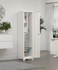 Slim Broom Storage Cabinet With Shelves And Hanging Rod Locking Door Metal Cabinet For Tight Spaces In Kitchen Pantry Office Or Garage Ideal Narrow Utility Storage