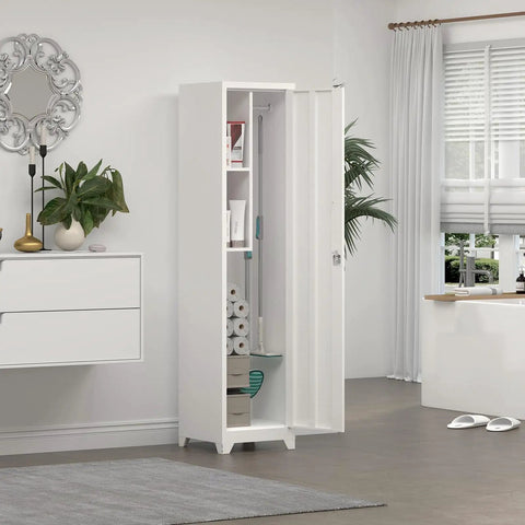 Slim Broom Storage Cabinet With Shelves And Hanging Rod Locking Door Metal Cabinet For Tight Spaces In Kitchen Pantry Office Or Garage Ideal Narrow Utility Storage