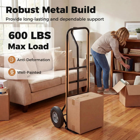 Heavy Hitter Metal Hand Truck With 600 Pound Capacity Smooth Rolling 10 Inch Rubber Wheels And Ergonomic P Handle Lay Flat Foldable Base Plate For No Sweat Home Or Warehouse Cargo Hauling