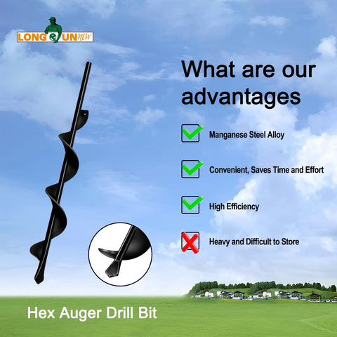 Heavy Duty Garden Auger Drill Bit No Fuss Planting Bulbs And Flowers 1.7 By 15 Inch Solid Shaft Spiral Design Post Hole Digger With Three Eighths Inch Hex Drive displayed against background with advantages listed