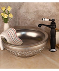 USZWBY Bathroom Vessel Sink Silver Bathroom Bowl Ceramic Vessel Sink Basin ?Hand Painting ?Art Basin Round Bowl with towel and faucet