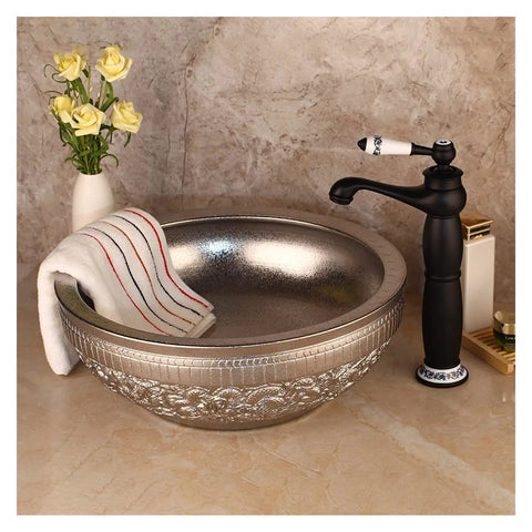USZWBY Bathroom Vessel Sink Silver Bathroom Bowl Ceramic Vessel Sink Basin ?Hand Painting ?Art Basin Round Bowl with towel and faucet