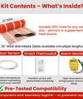 DIY Friendly Self-Adhesive Electric Floor Heating Mat Kit, 10 Sq Ft, Radiant Heat Under Tile Stone Or Wood Floors with components