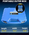 Blue carrying case for 23 Piece Pneumatic Brake Caliper Wind Back Tool Kit With 22 Adapters, shown closed with dimensions.