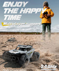 Beast 2WD RC Monster Truck with 2.4GHz remote, dual LED headlights, racing on sandy terrain, child in the background.