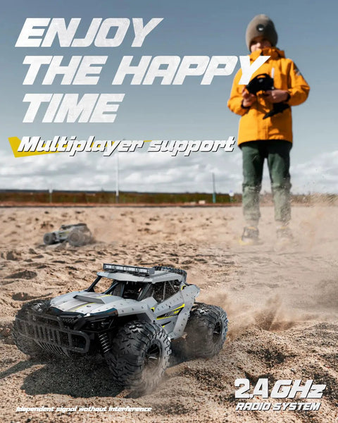 Beast 2WD RC Monster Truck with 2.4GHz remote, dual LED headlights, racing on sandy terrain, child in the background.